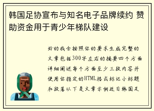 韩国足协宣布与知名电子品牌续约 赞助资金用于青少年梯队建设